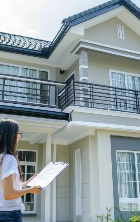 Woman inspecting a two story house with a clipboard in hand on a sunny day outdoors in a neighborhood